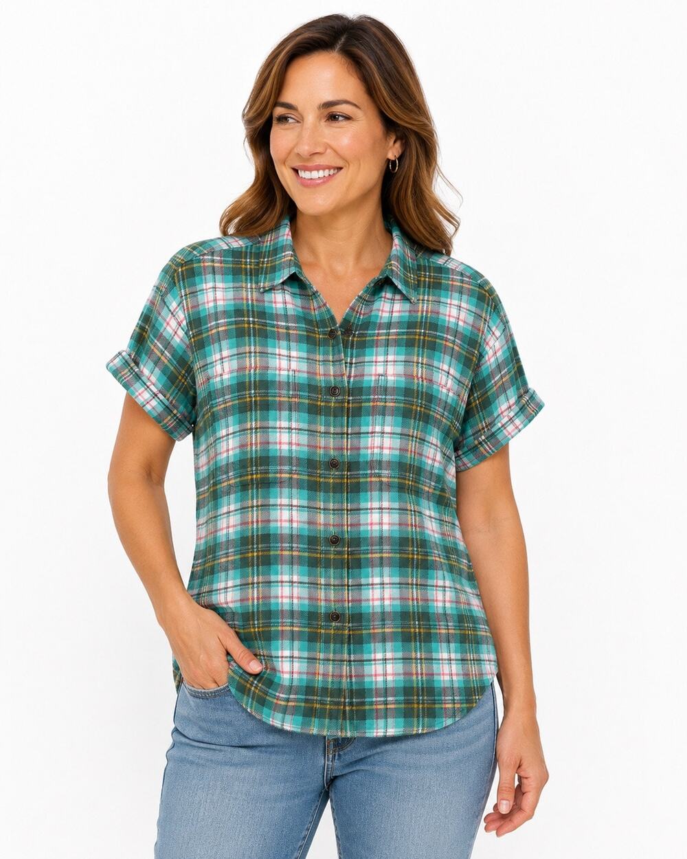 L.L.Bean Women’s Small Plaid Short Sleeve Button Front Flannel Shirt Green